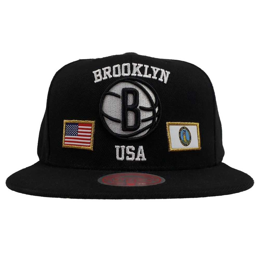 Brooklyn Nets Mitchell & Ness NBA Snapback Hat Cap 3D Logo‎ Flag Art Black NWT
